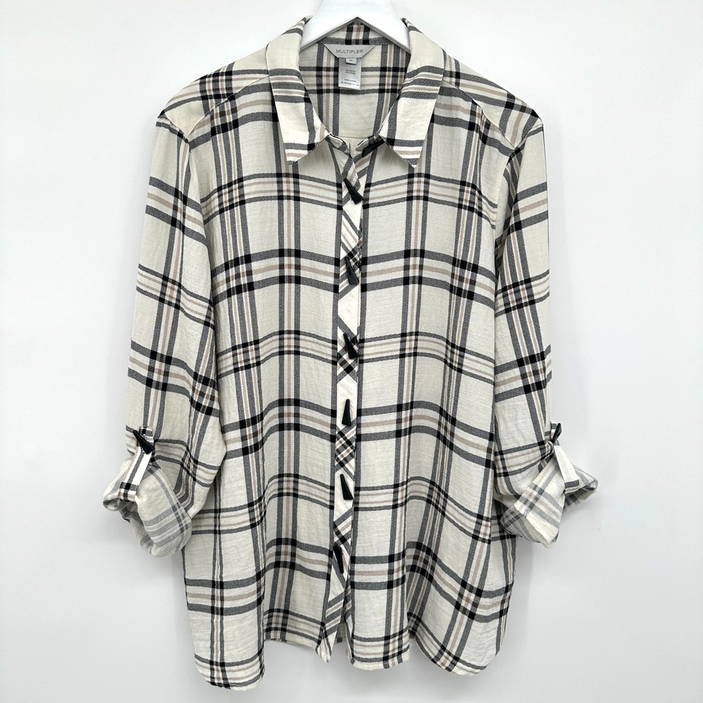 Multiples Tunic Top Shirt Size XL Neutral Long Roll Tab Sleeves Retro Grunge Alt